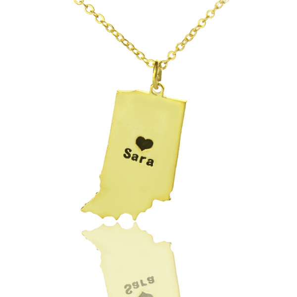 Custom Indiana State Shaped Necklaces With Heart Name Gold Plated - Handmade By AOL Special