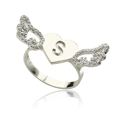 Heart Angel Wings Ring Engraved Initial Birthstone Sterling Silver - Handmade By AOL Special