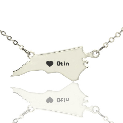 Personalized NC State USA Map Necklace With Heart Name Silver - Handmade By AOL Special