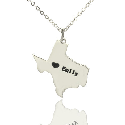 Texas State USA Map Necklace With Heart Name Silver - Handmade By AOL Special