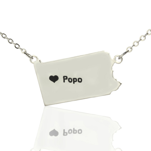 Personalized Pennsylvania State USA Map Necklace With Heart Name Silver - Handmade By AOL Special