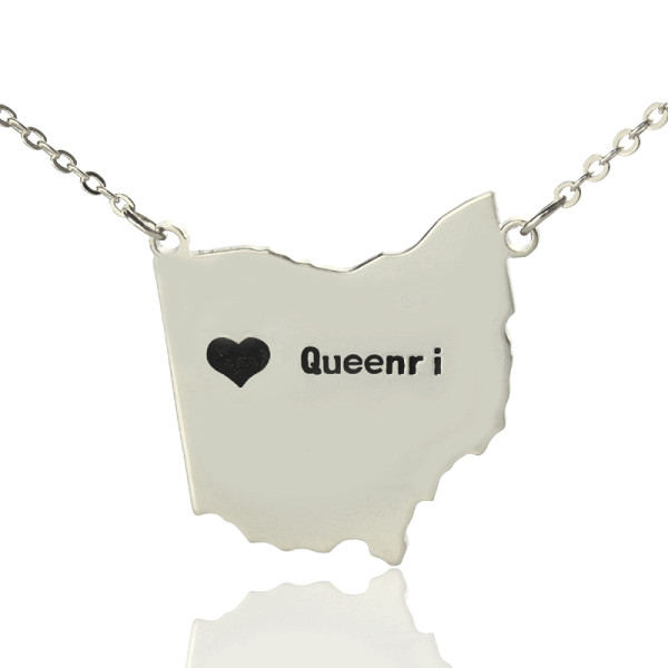 Custom Ohio State USA Map Necklace With Heart Name Silver - Handmade By AOL Special