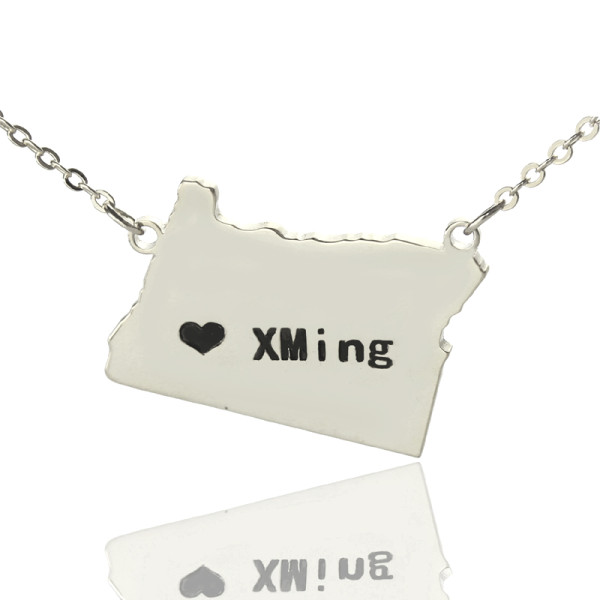 Custom Oregon State USA Map Necklace With Heart Name Silver - Handmade By AOL Special