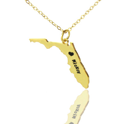 Custom Florida State USA Map Necklace With Heart Name Gold Plated - Handmade By AOL Special