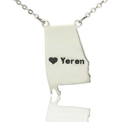 Custom Alabama State USA Map Necklace With Heart Name Silver - Handmade By AOL Special