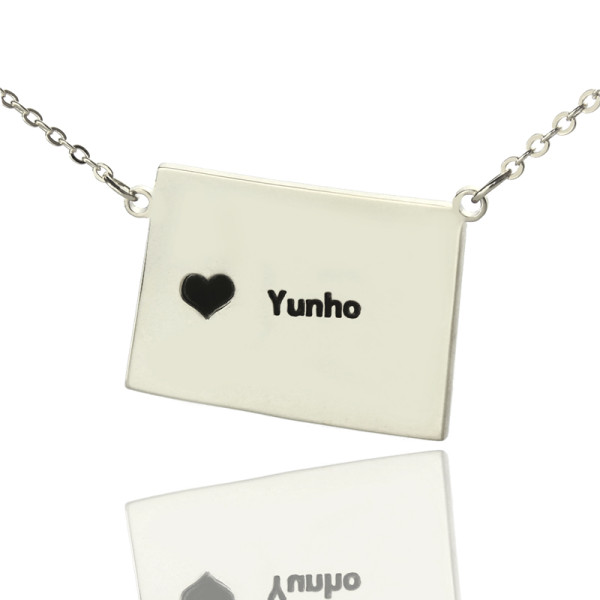 Wyoming State Shaped Map Necklaces With Heart Name Silver - Handmade By AOL Special