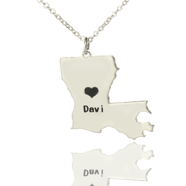 Custom Louisiana State Shaped Necklaces With Heart Name Silver - Handmade By AOL Special