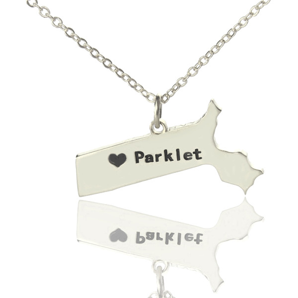 Massachusetts State Shaped Necklaces With Heart Name Silver - Handmade By AOL Special