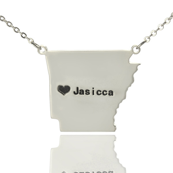 Custom AR State USA Map Necklace With Heart Name Silver - Handmade By AOL Special