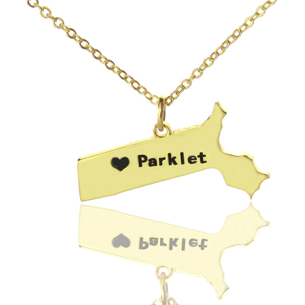 Massachusetts State Shaped Necklaces With Heart Name Gold Plated - Handmade By AOL Special