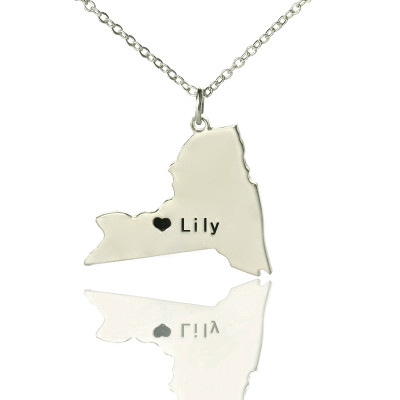 Personalized NY State Shaped Necklaces With Heart Name Silver - Handmade By AOL Special