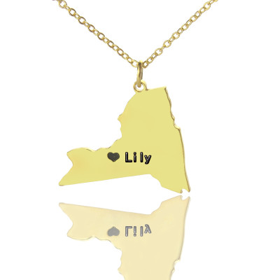 Personalized NY State Shaped Necklaces With Heart Name Gold Plated - Handmade By AOL Special