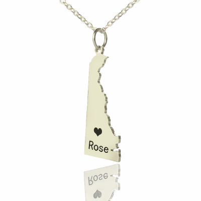 Custom Delaware State Shaped Necklaces With Heart Name Silver - Handmade By AOL Special