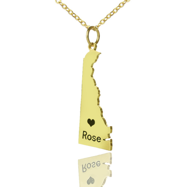 Custom Delaware State Shaped Necklaces With Heart Name Gold Plated - Handmade By AOL Special