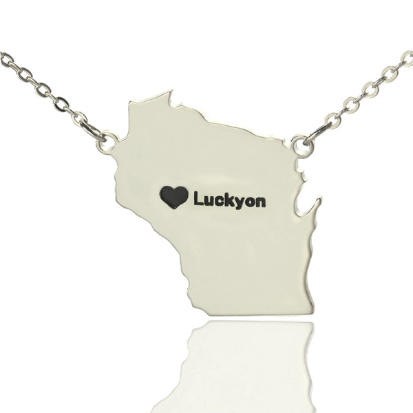 Custom Wisconsin State Shaped Necklaces With Heart Name Silver - Handmade By AOL Special