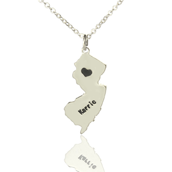 Custom New Jersey State Shaped Necklaces With Heart Name Silver - Handmade By AOL Special