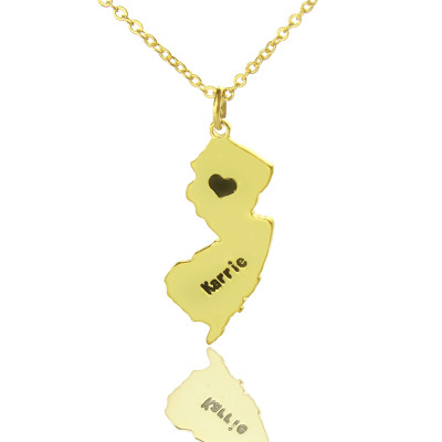 Custom New Jersey State Shaped Necklaces With Heart Name Gold - Handmade By AOL Special