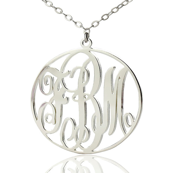 Personalized 18ct White Gold Plated Vine Font Circle Initial Monogram Necklace - Handmade By AOL Special
