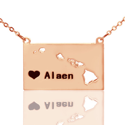 Custom Hawaii State Shaped Necklaces With Heart Name Rose Gold - Handmade By AOL Special