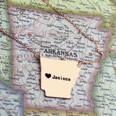 Custom AR State USA Map Necklace With Heart Name Rose Gold - Handmade By AOL Special