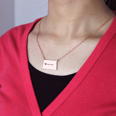 Personalized ND State USA Map Necklace With Heart Name Rose Gold - Handmade By AOL Special