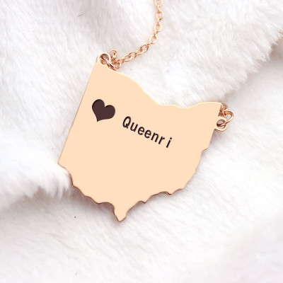 Custom Ohio State USA Map Necklace With Heart Name Rose Gold - Handmade By AOL Special