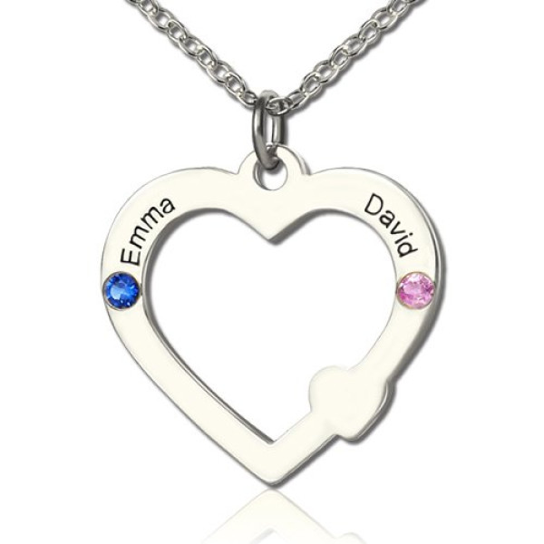Double Name Open Heart Necklace with Birthstone Sterling Silver - Handmade By AOL Special