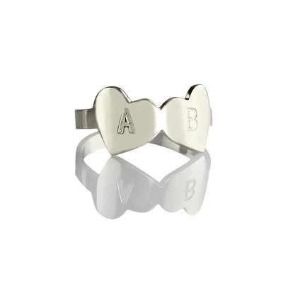 Double Heart Ring Engraved Letter Sterling Silver - Handmade By AOL Special