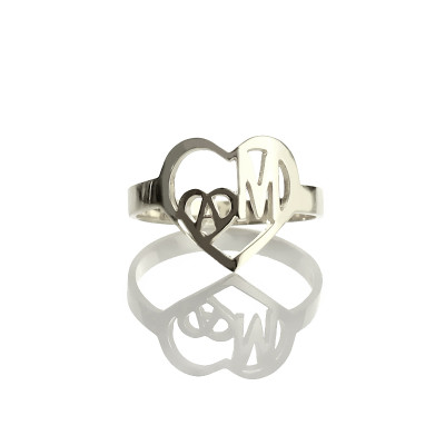 Heart in Heart Double Initials Ring Sterling Silver - Handmade By AOL Special
