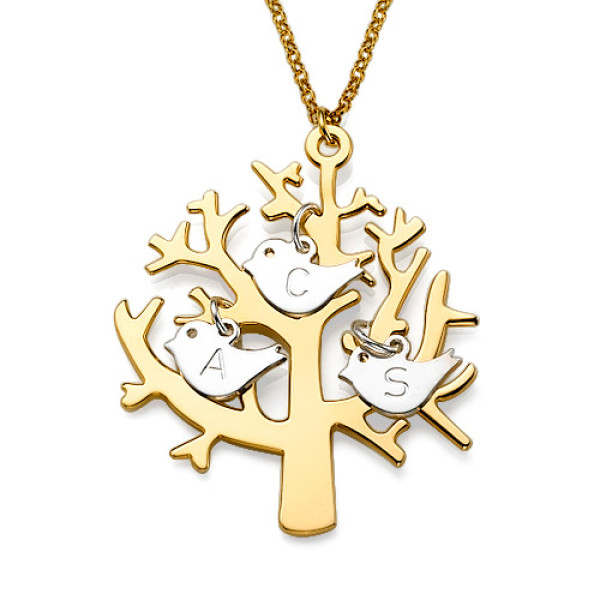 Gold Plated Tree Necklace with 0.925 Silver Initial Birds - Handmade By AOL Special