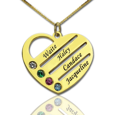 18ct Gold Plated Mothers Birthstone Heart Necklace Engraved Names - Handmade By AOL Special