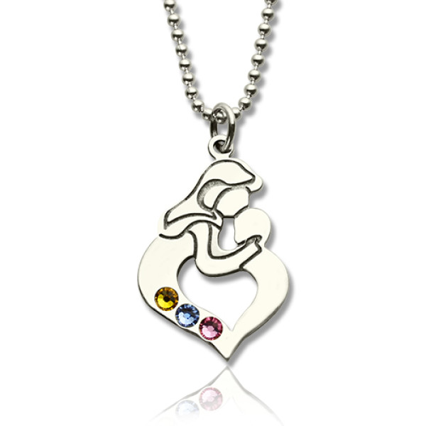 Personalized Mother Child Necklace with Birthstone Silver - Handmade By AOL Special