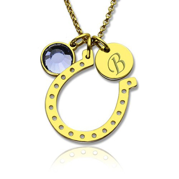 Birthstone Horseshoe Lucky Necklace with Initial Charm 18ct Gold Plate - Handmade By AOL Special