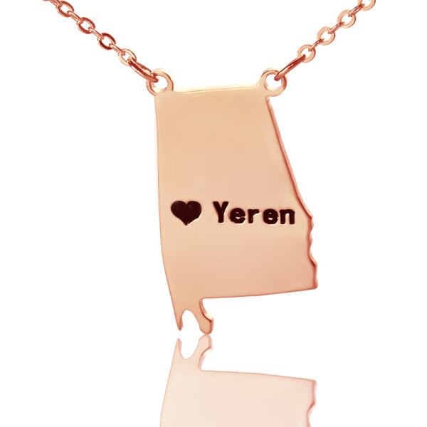 Custom Alabama State USA Map Necklace With Heart Name Rose Gold - Handmade By AOL Special