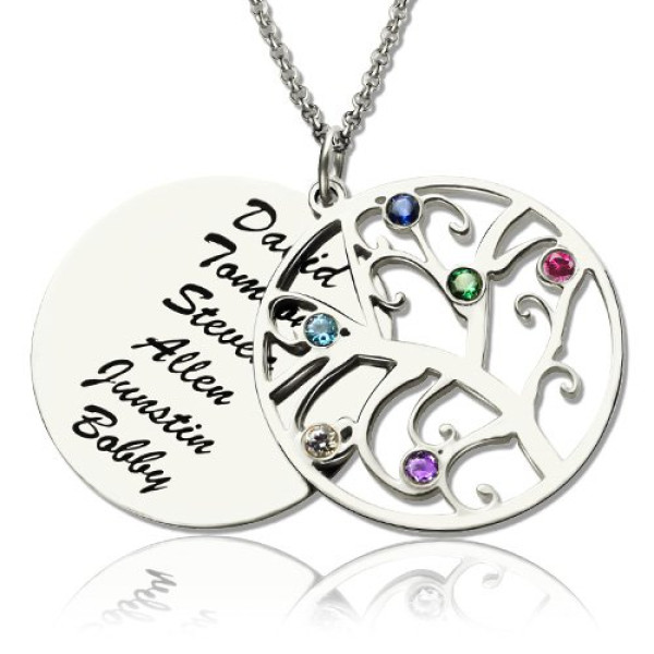 Family Tree Pendant Necklace With Birthstone Silver - Handmade By AOL Special
