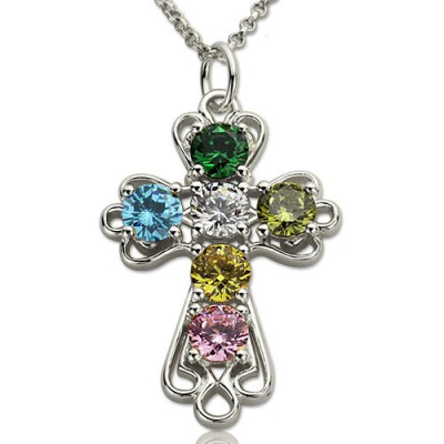 Personalized Cross Necklace with Birthstones Sterling Silver - Handmade By AOL Special