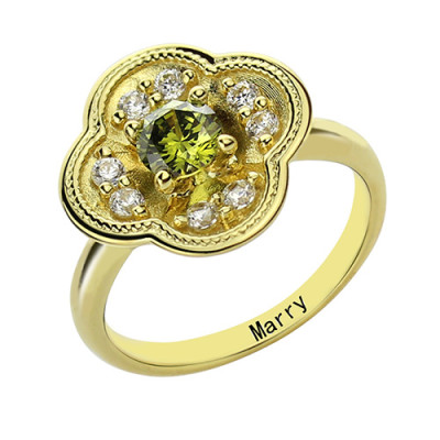 Blossoming Engagement Ring Engraved Birthstone 18ct Gold Plated - Handmade By AOL Special