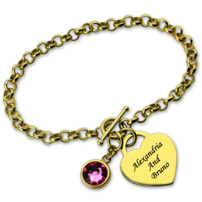 Engravable Birthstone Bracelet with Heart Name Charm 18ct Gold Plate - Handmade By AOL Special