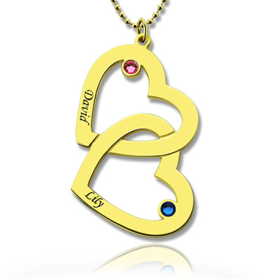 Custom Birthstone Heart in Heart Name Necklace 18ct Gold Plated - Handmade By AOL Special