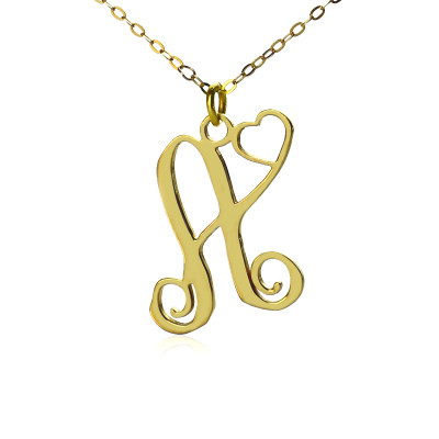 Personalized One Initial With Heart Monogram Necklace in 18ct Solid Gold - Handmade By AOL Special
