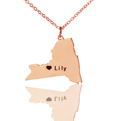 Personalized NY State Shaped Necklaces With Heart Name Rose Gold - Handmade By AOL Special