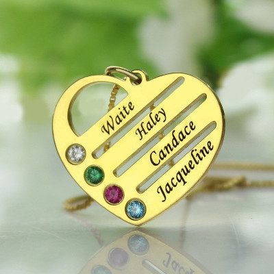 18ct Gold Plated Mothers Birthstone Heart Necklace Engraved Names - Handmade By AOL Special