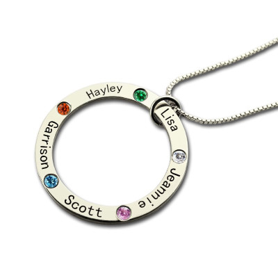 Mothers Family Circle Name Necklace Engraved Birthstone Silver - Handmade By AOL Special