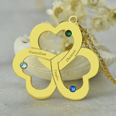 Birthstone Triple Heart Necklace Engraved Name in 18ct Gold Plated - Handmade By AOL Special