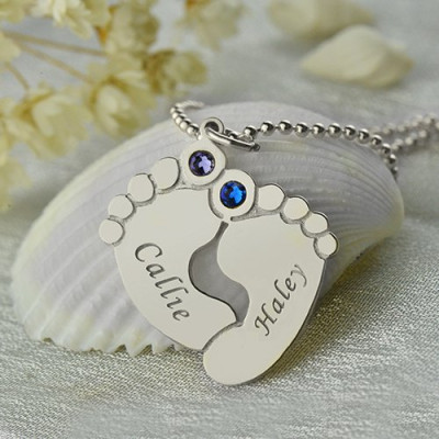 Personalzied Baby Feet Name Necklace with Birthstone Silver - Handmade By AOL Special