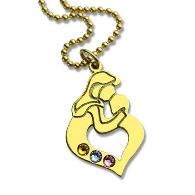 Personalized Mother Child Necklace with Birthstone Gold Plated Silver - Handmade By AOL Special
