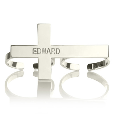 Custom Two finger Cross Ring Engraved Name Sterling Silver - Handmade By AOL Special