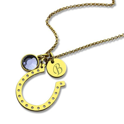 Birthstone Horseshoe Lucky Necklace with Initial Charm 18ct Gold Plate - Handmade By AOL Special