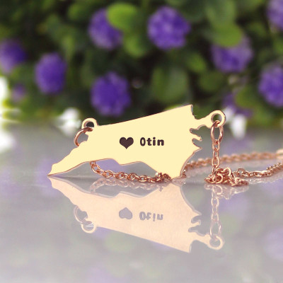 Personalized NC State USA Map Necklace With Heart Name Rose Gold - Handmade By AOL Special
