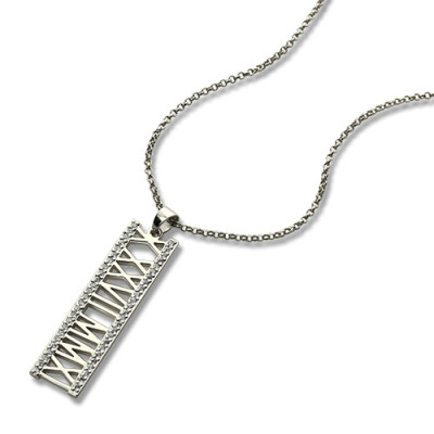 Roman Numeral Vertical Necklace With Birthstones Sterling Silver - Handmade By AOL Special